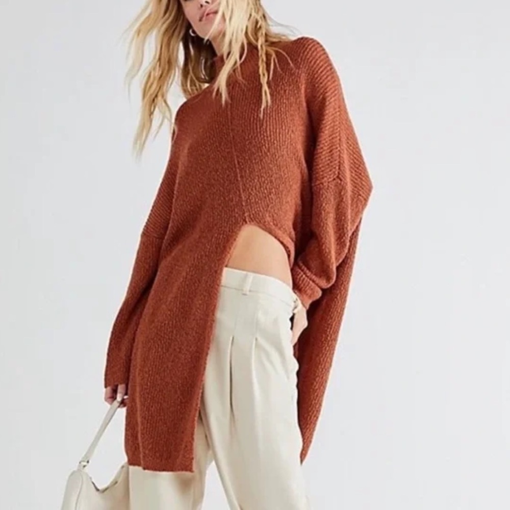 Free People Rust Brown Cowlneck Oversized Split-Hem Sweater